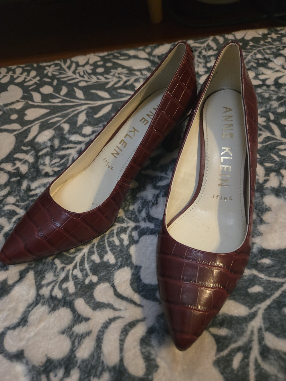 Anne Klein Croc-Embossed Pointed Toe Pumps in Deep Wine